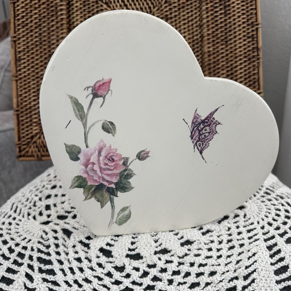 Vintage White Wooden Heart Quilt Wall Hanging Decor Rose & Butterfly Painted 9"